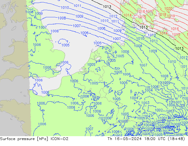 Surface pressure ICON-D2 Th 16.05.2024 18 UTC