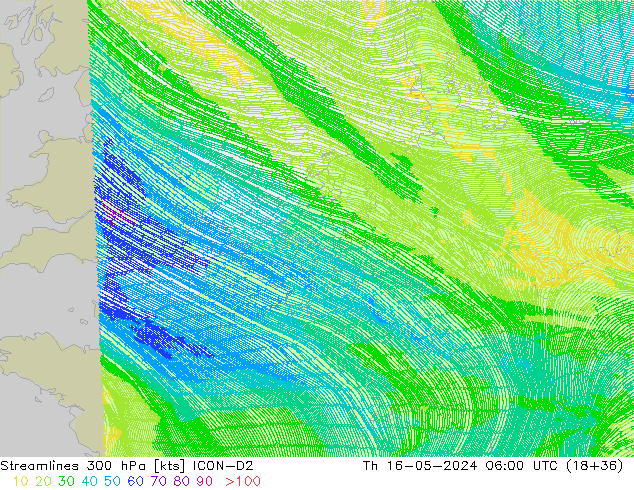 ветер 300 гПа ICON-D2 чт 16.05.2024 06 UTC