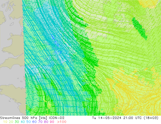 Línea de corriente 500 hPa ICON-D2 mar 14.05.2024 21 UTC