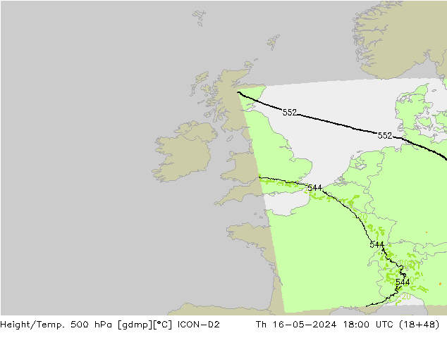 Hoogte/Temp. 500 hPa ICON-D2 do 16.05.2024 18 UTC