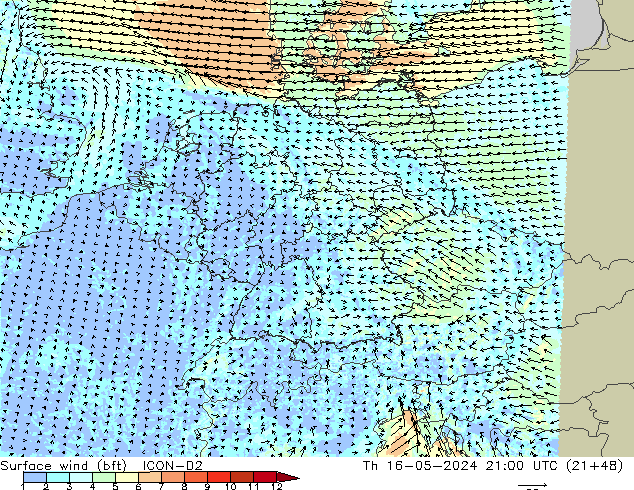 Surface wind (bft) ICON-D2 Čt 16.05.2024 21 UTC