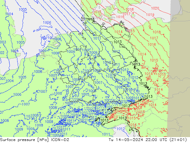 地面气压 ICON-D2 星期二 14.05.2024 22 UTC