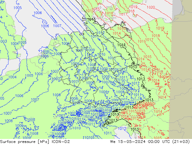 Presión superficial ICON-D2 mié 15.05.2024 00 UTC