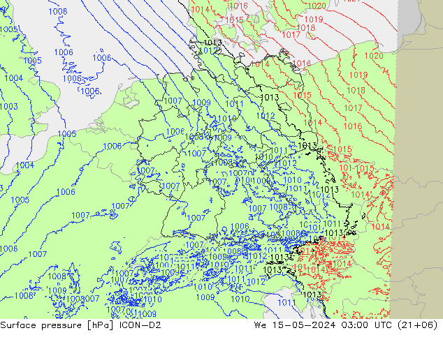 Atmosférický tlak ICON-D2 St 15.05.2024 03 UTC