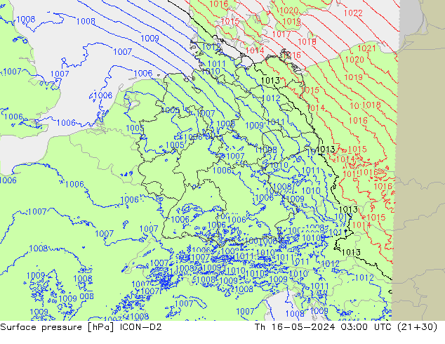 Atmosférický tlak ICON-D2 Čt 16.05.2024 03 UTC