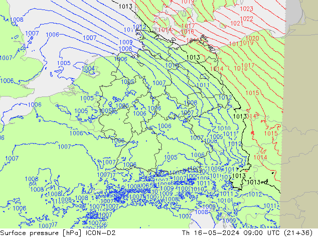 Atmosférický tlak ICON-D2 Čt 16.05.2024 09 UTC
