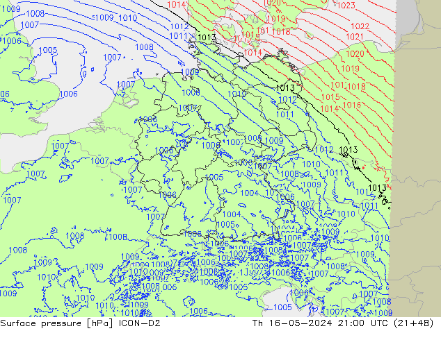 Atmosférický tlak ICON-D2 Čt 16.05.2024 21 UTC