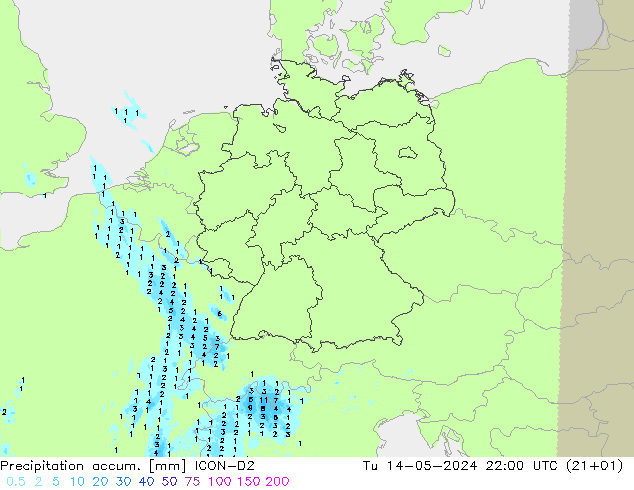 Precipitation accum. ICON-D2 mar 14.05.2024 22 UTC