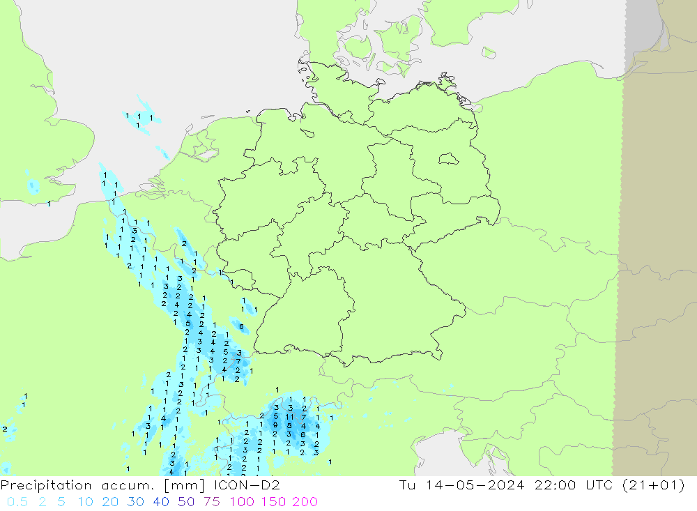 Precipitation accum. ICON-D2 星期二 14.05.2024 22 UTC