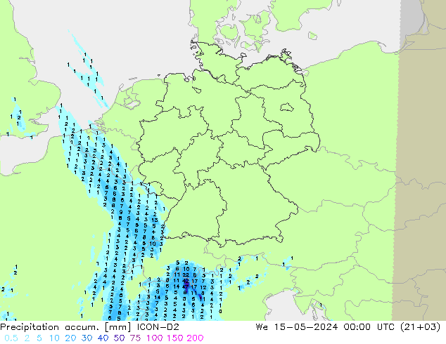 Precipitation accum. ICON-D2 星期三 15.05.2024 00 UTC