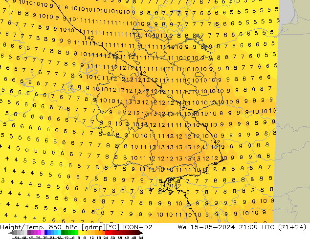 Height/Temp. 850 hPa ICON-D2 星期三 15.05.2024 21 UTC