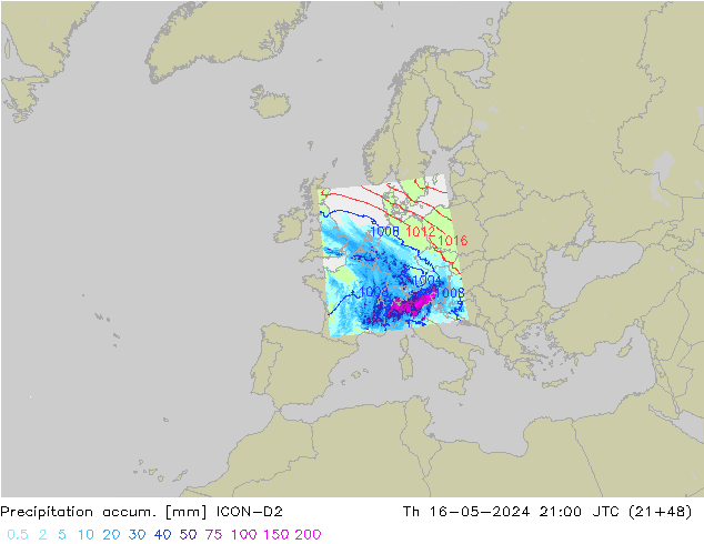 Precipitation accum. ICON-D2 Čt 16.05.2024 21 UTC