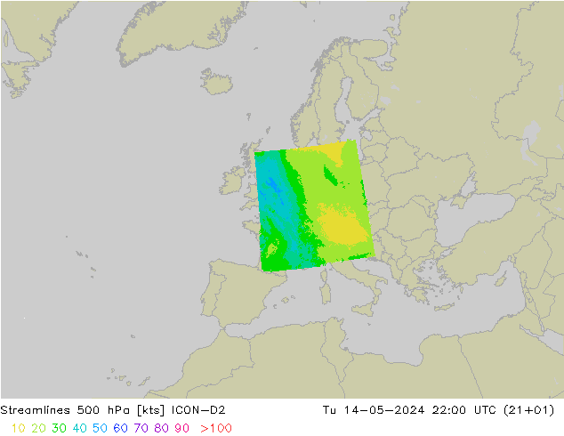 Linha de corrente 500 hPa ICON-D2 Ter 14.05.2024 22 UTC