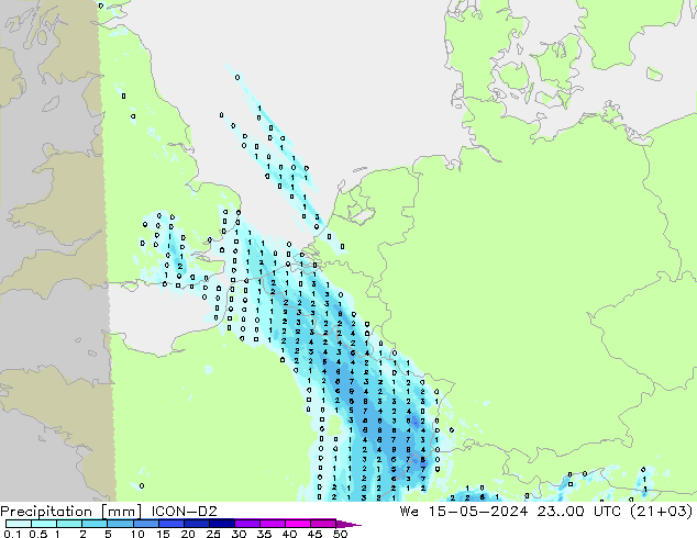 Precipitación ICON-D2 mié 15.05.2024 00 UTC