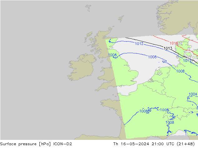 Surface pressure ICON-D2 Th 16.05.2024 21 UTC