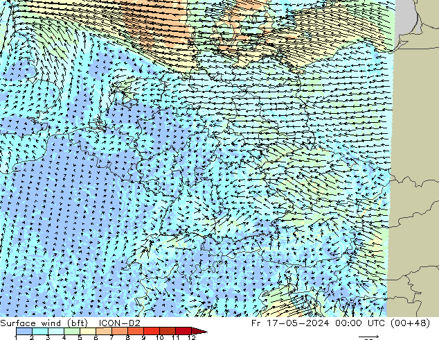 Surface wind (bft) ICON-D2 Fr 17.05.2024 00 UTC