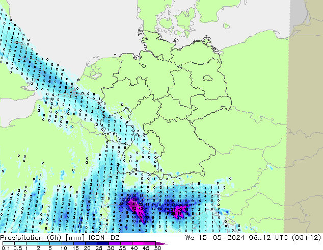 降水量 (6h) ICON-D2 星期三 15.05.2024 12 UTC