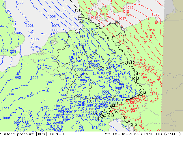 Atmosférický tlak ICON-D2 St 15.05.2024 01 UTC