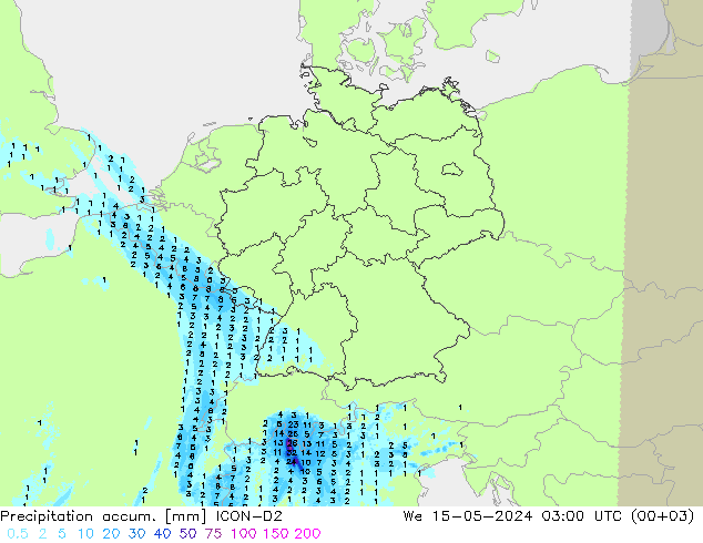 Precipitation accum. ICON-D2 śro. 15.05.2024 03 UTC