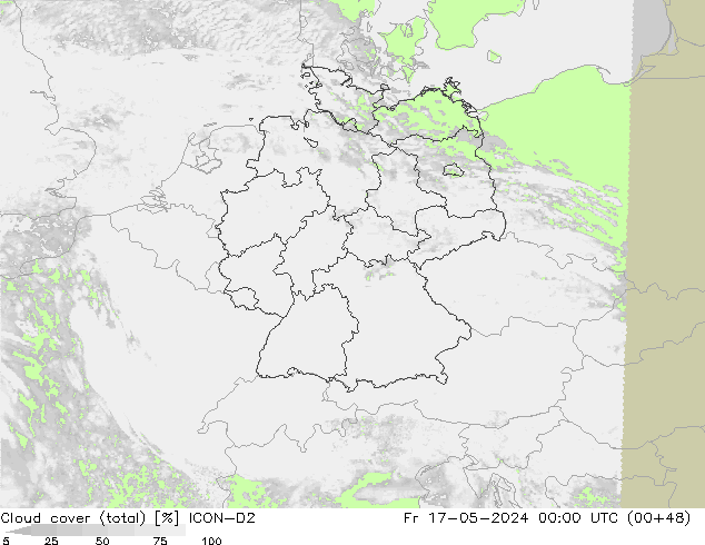 Cloud cover (total) ICON-D2 Fr 17.05.2024 00 UTC