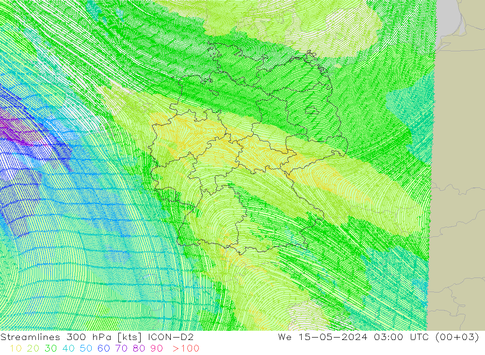 风 300 hPa ICON-D2 星期三 15.05.2024 03 UTC