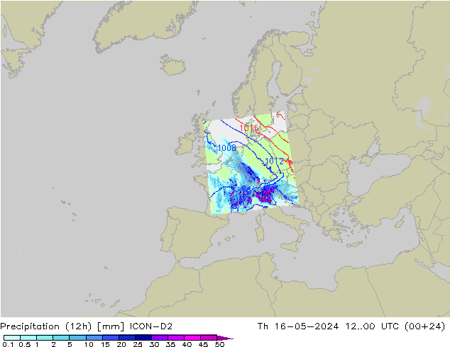 Precipitation (12h) ICON-D2 Čt 16.05.2024 00 UTC
