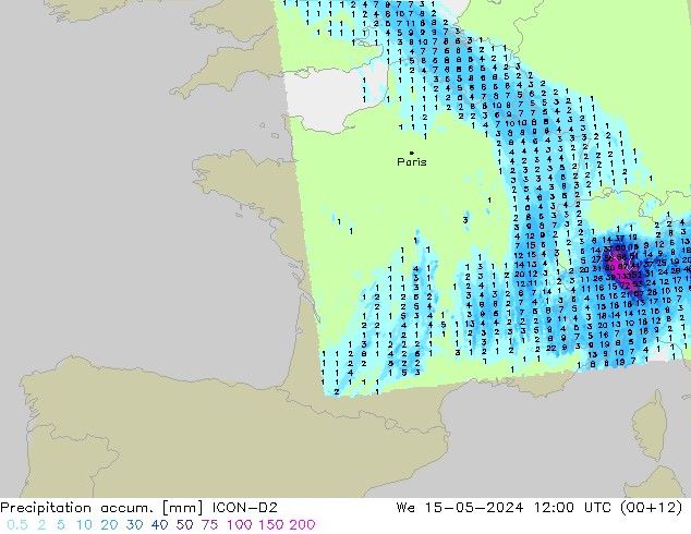Precipitation accum. ICON-D2 We 15.05.2024 12 UTC