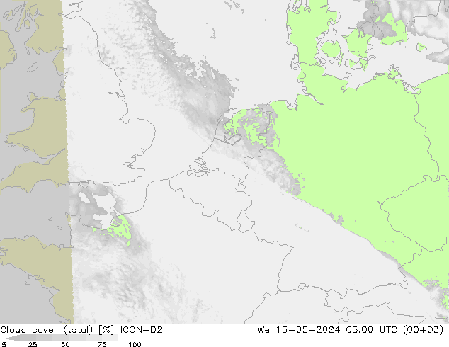 Nubes (total) ICON-D2 mié 15.05.2024 03 UTC