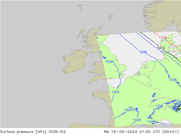 Pressione al suolo ICON-D2 mer 15.05.2024 01 UTC