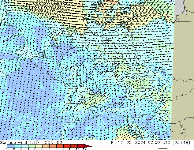 Surface wind (bft) ICON-D2 Fr 17.05.2024 03 UTC