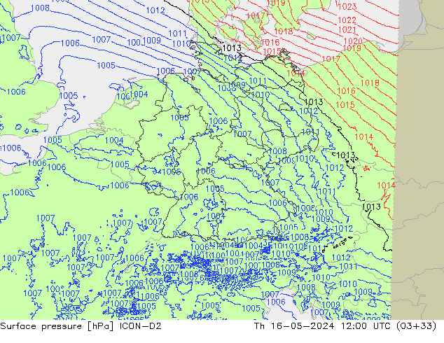 Atmosférický tlak ICON-D2 Čt 16.05.2024 12 UTC