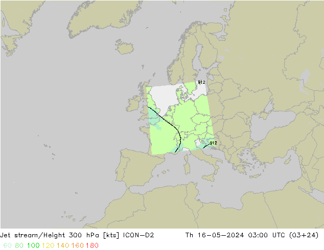 Corriente en chorro ICON-D2 jue 16.05.2024 03 UTC