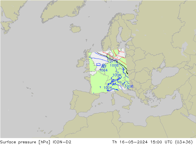 Presión superficial ICON-D2 jue 16.05.2024 15 UTC