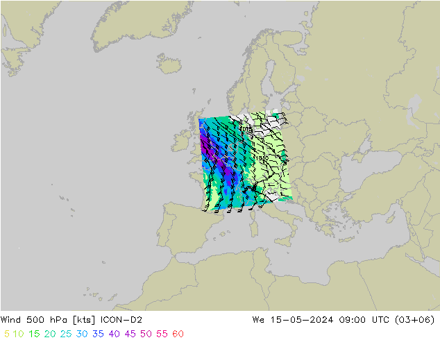 wiatr 500 hPa ICON-D2 śro. 15.05.2024 09 UTC