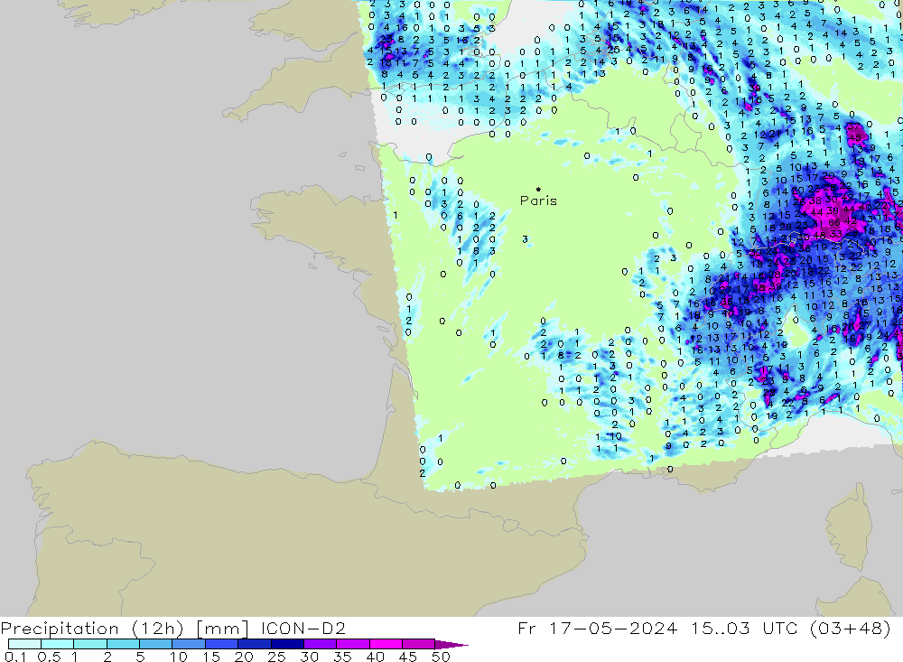 Yağış (12h) ICON-D2 Cu 17.05.2024 03 UTC