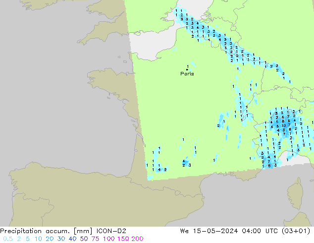 Precipitation accum. ICON-D2 mer 15.05.2024 04 UTC