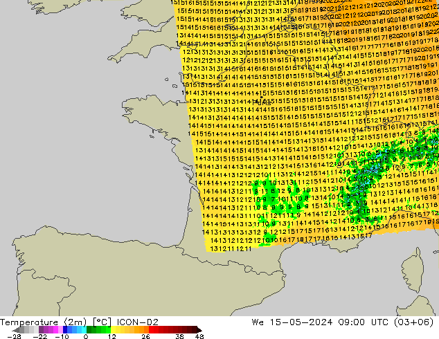 Temperatuurkaart (2m) ICON-D2 wo 15.05.2024 09 UTC