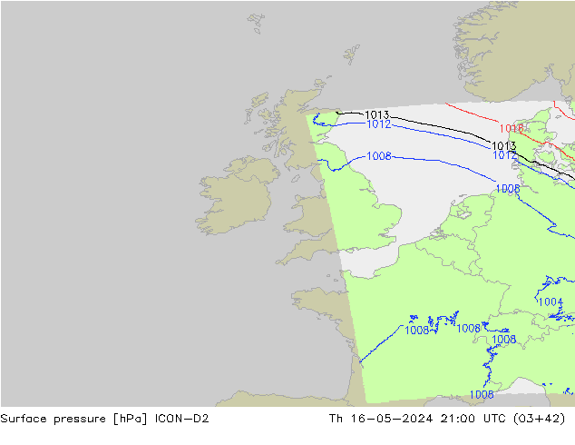 Presión superficial ICON-D2 jue 16.05.2024 21 UTC