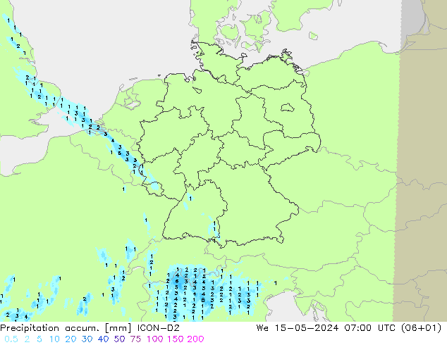 Precipitation accum. ICON-D2 We 15.05.2024 07 UTC