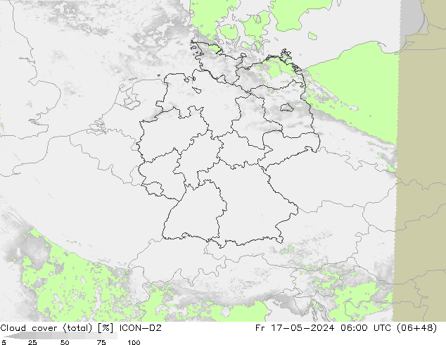 Nubes (total) ICON-D2 vie 17.05.2024 06 UTC