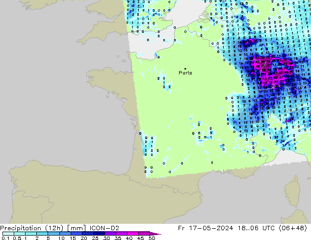 Yağış (12h) ICON-D2 Cu 17.05.2024 06 UTC