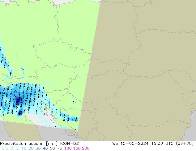 Totale neerslag ICON-D2 wo 15.05.2024 15 UTC