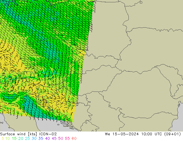 Vent 10 m ICON-D2 mer 15.05.2024 10 UTC