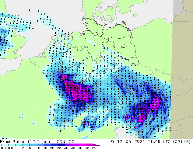 Precipitation (12h) ICON-D2 Pá 17.05.2024 09 UTC