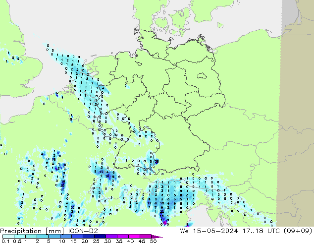 Precipitation ICON-D2 We 15.05.2024 18 UTC