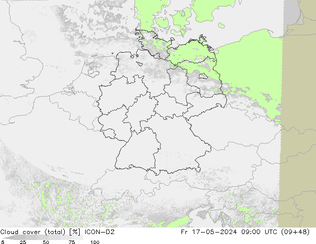 Cloud cover (total) ICON-D2 Fr 17.05.2024 09 UTC