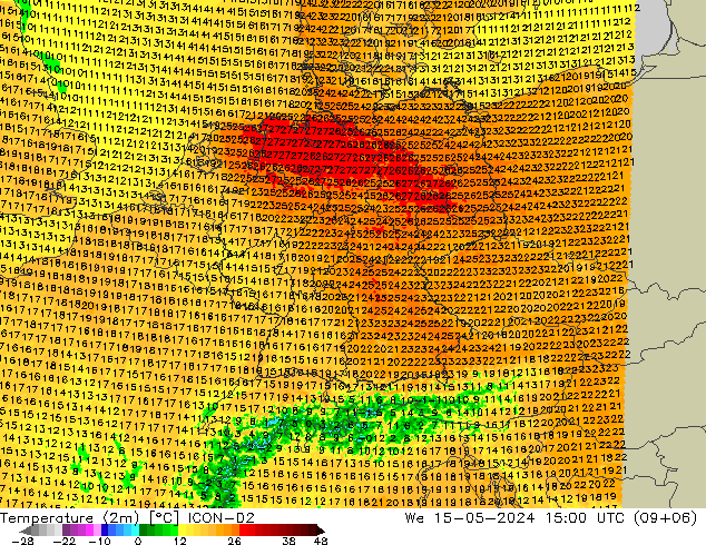 Temperatura (2m) ICON-D2 mer 15.05.2024 15 UTC