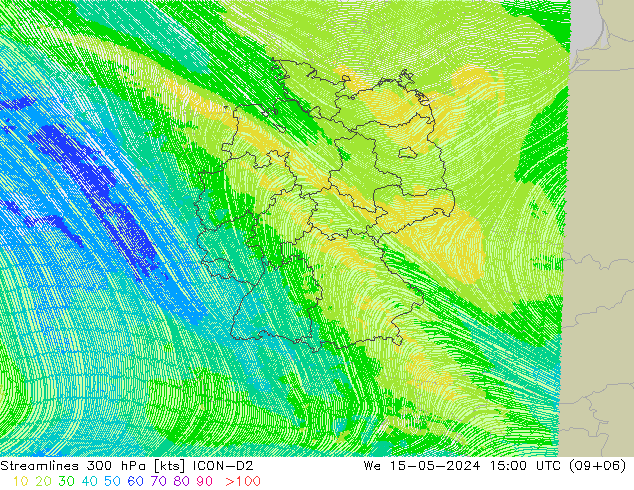 Línea de corriente 300 hPa ICON-D2 mié 15.05.2024 15 UTC