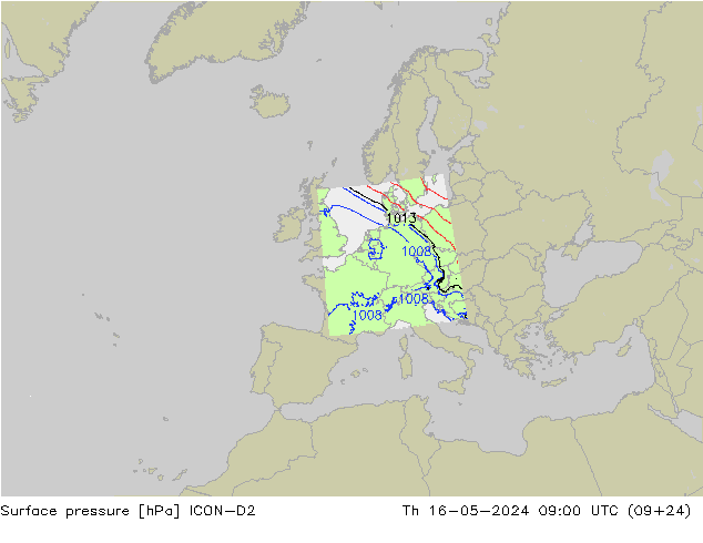 Luchtdruk (Grond) ICON-D2 do 16.05.2024 09 UTC