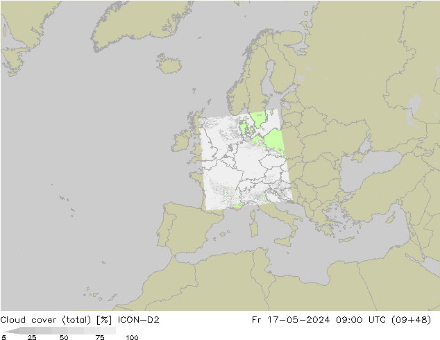 Cloud cover (total) ICON-D2 Fr 17.05.2024 09 UTC